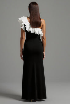 Black and White One Shoulder Ruffled Long Formal Dress