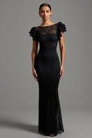 Load image into Gallery viewer, Black Lace Sheath Boat Neck Long Formal Dress with Ruffles