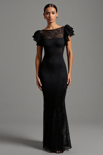 Black Lace Sheath Boat Neck Long Formal Dress with Ruffles