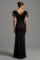 Load image into Gallery viewer, Black Lace Sheath Boat Neck Long Formal Dress with Ruffles