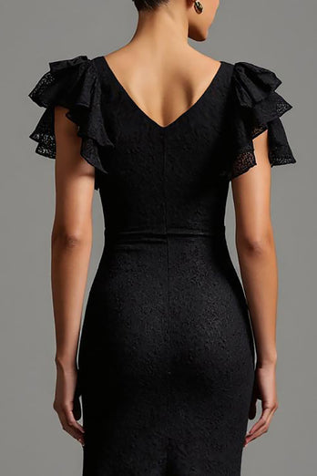 Black Lace Sheath Boat Neck Long Formal Dress with Ruffles