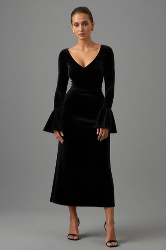 Black Sheath Velvet V Neck Long Formal Dress with Sleeves
