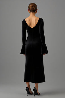 Black Sheath Velvet V Neck Long Formal Dress with Sleeves