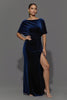 Load image into Gallery viewer, Navy Sheath Velvet Long Ruched Formal Dress with Slit