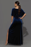 Load image into Gallery viewer, Navy Sheath Velvet Long Ruched Formal Dress with Slit