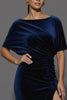 Load image into Gallery viewer, Navy Sheath Velvet Long Ruched Formal Dress with Slit