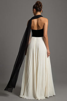 Black and White Chiffon A Line Sweetheart Pleated Long Formal Dress