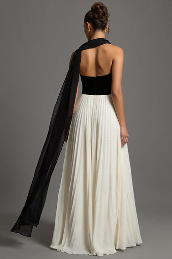 Black and White Chiffon A Line Sweetheart Pleated Long Formal Dress