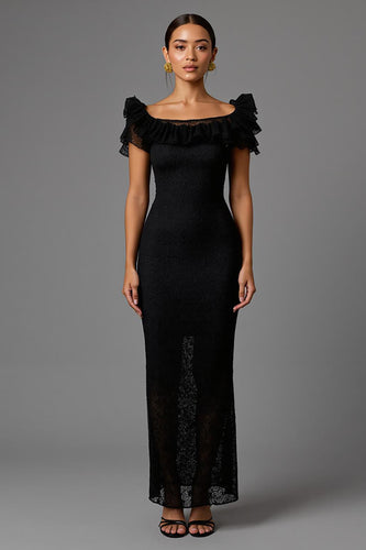 Black Sheath Lace Boat Neck Long Formal Dress with Ruffles