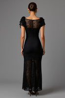 Load image into Gallery viewer, Black Sheath Lace Boat Neck Long Formal Dress with Ruffles