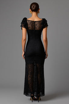 Black Sheath Lace Boat Neck Long Formal Dress with Ruffles