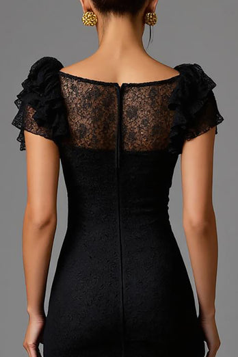 Black Sheath Lace Boat Neck Long Formal Dress with Ruffles