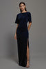 Load image into Gallery viewer, Navy Velvet Sheath Bateau Neck Long Formal Dress with Slit
