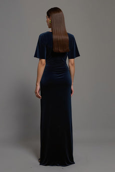 Navy Velvet Sheath Bateau Neck Long Formal Dress with Slit