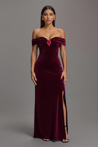 Burgundy Velvet Sheath Off The Shoulder Long Formal Dress with Slit