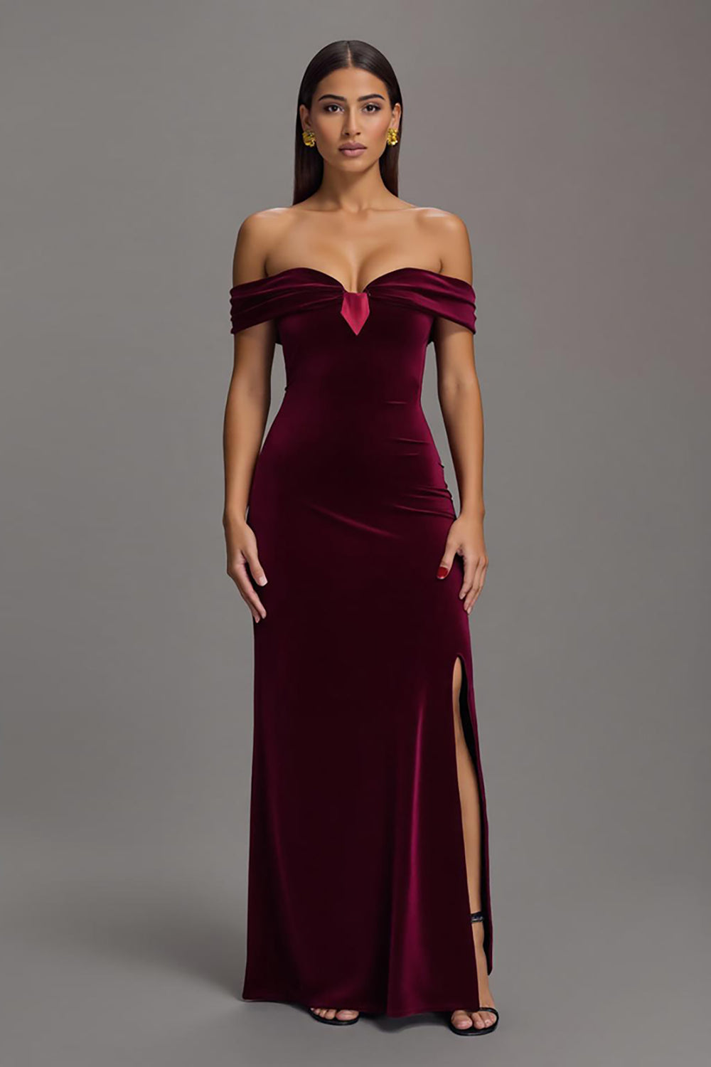 Burgundy Velvet Sheath Off The Shoulder Long Formal Dress with Slit