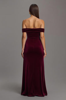 Burgundy Velvet Sheath Off The Shoulder Long Formal Dress with Slit