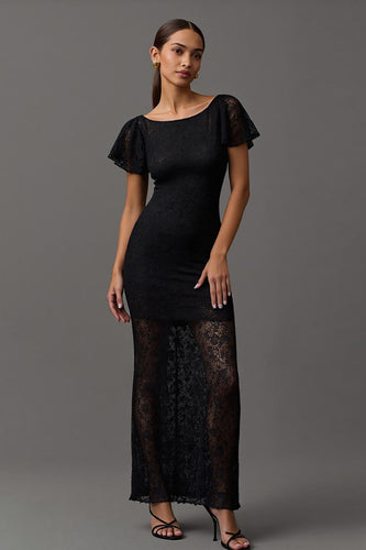 Black Sheath Boat Neck Long Lace Formal Dress with Ruffles