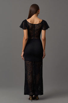 Black Sheath Boat Neck Long Lace Formal Dress with Ruffles