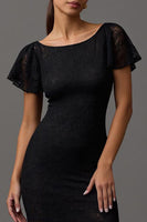 Load image into Gallery viewer, Black Sheath Boat Neck Long Lace Formal Dress with Ruffles