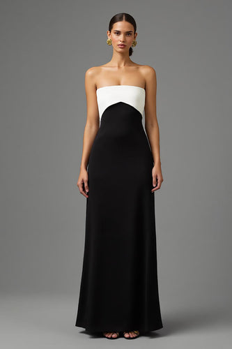 Simple Black and White Strapless Long Formal Dress with Bow