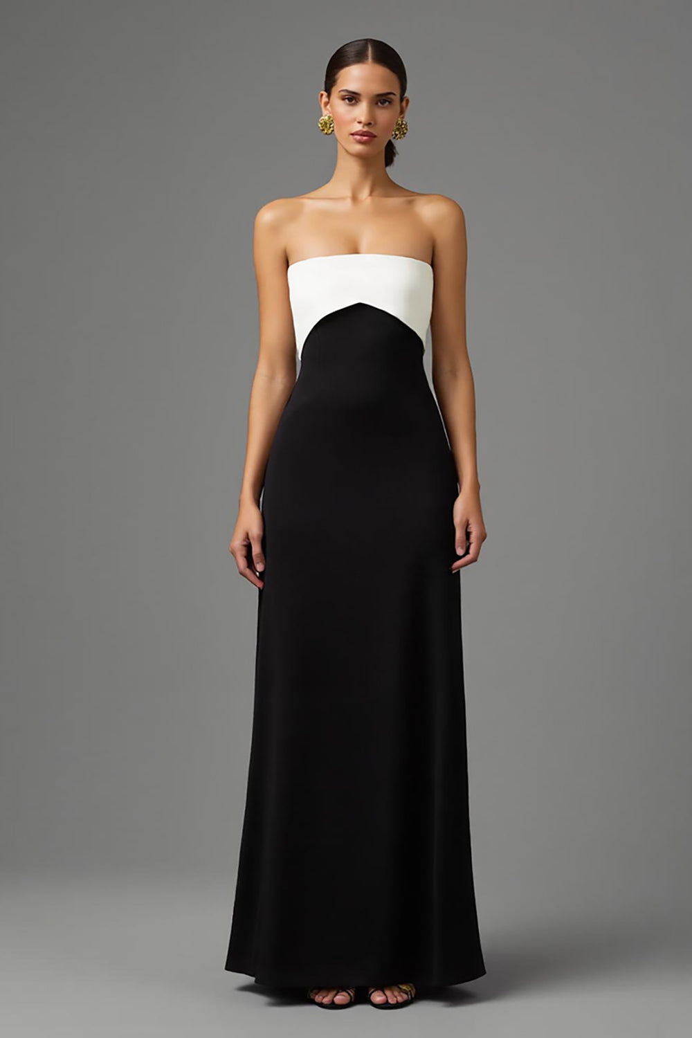 Simple Black and White Strapless Long Formal Dress with Bow