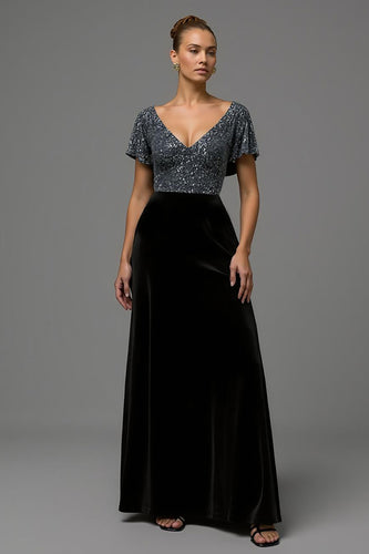 Sparkly Black and Grey A Line Velvet V Neck Long Formal Dress