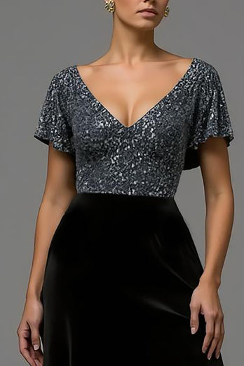 Sparkly Black and Grey A Line Velvet V Neck Long Formal Dress