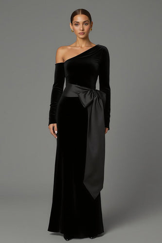 Black Velvet One Shoulder Long Sleeves Holiday Party Dress with Bow