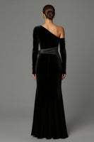 Load image into Gallery viewer, Black Velvet One Shoulder Long Sleeves Holiday Party Dress with Bow