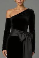 Load image into Gallery viewer, Black Velvet One Shoulder Long Sleeves Holiday Party Dress with Bow