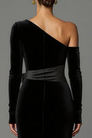 Load image into Gallery viewer, Black Velvet One Shoulder Long Sleeves Holiday Party Dress with Bow