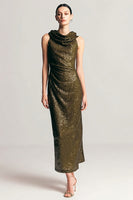 Load image into Gallery viewer, Sparkly Olive Sheath Cowl Neck Sequins Long Holiday Party Dress