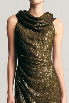 Sparkly Olive Sheath Cowl Neck Sequins Long Holiday Party Dress