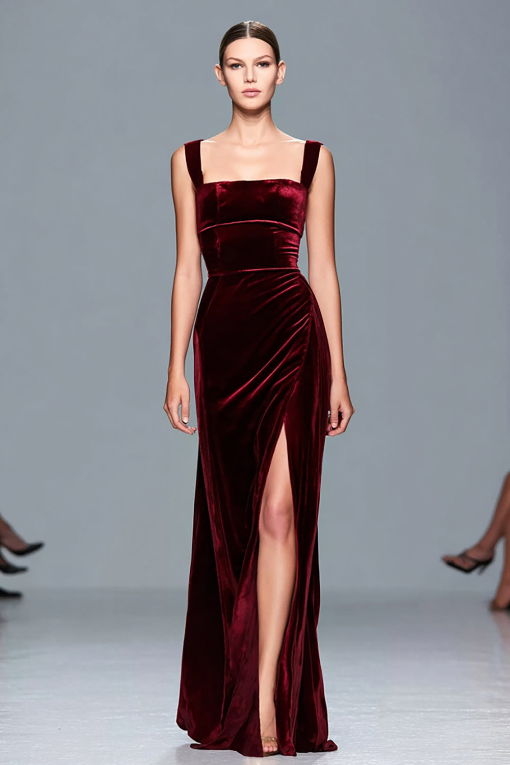Burgundy Velvet Square Neck Long Holiday Party Dress with Slit