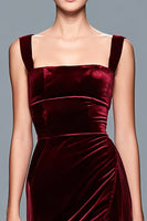 Load image into Gallery viewer, Burgundy Velvet Square Neck Long Holiday Party Dress with Slit