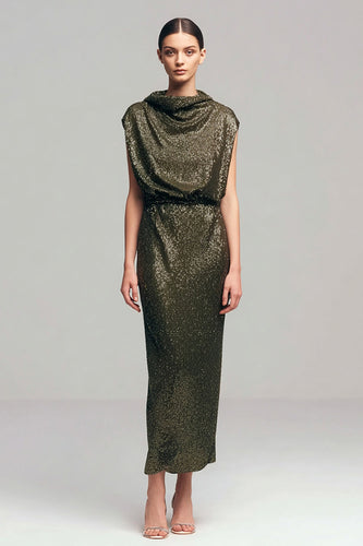 Sparkly Olive Sheath Cowl Neck Sequins Long Holiday Party Dress