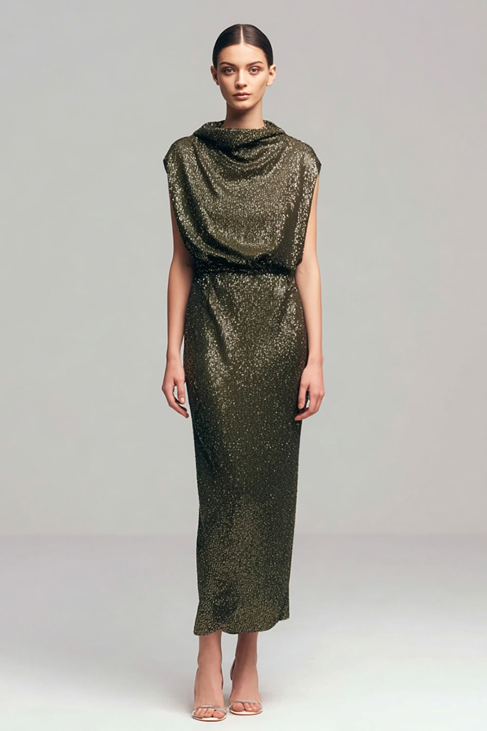 Sparkly Olive Sheath Cowl Neck Sequins Long Holiday Party Dress
