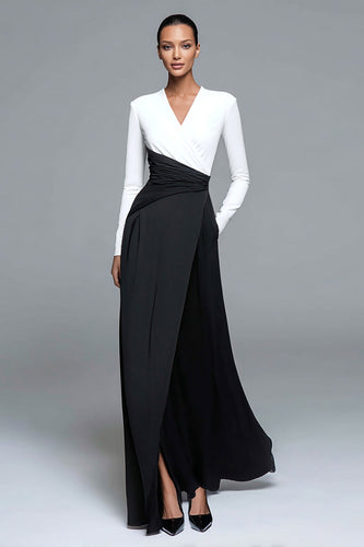 Black and White Patchwork Sheath Long Formal Dress with Sleeves