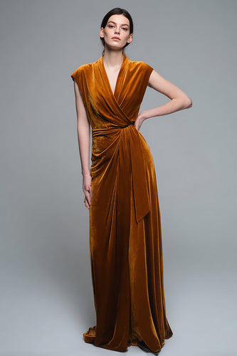 Caramel Velvet Ruched V-Neck Long Holiday Party Dress