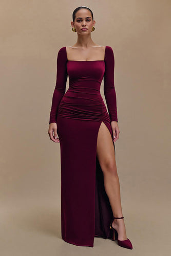 Burgundy Square Neck Satin Long Sleeves Formal Dress with Slit