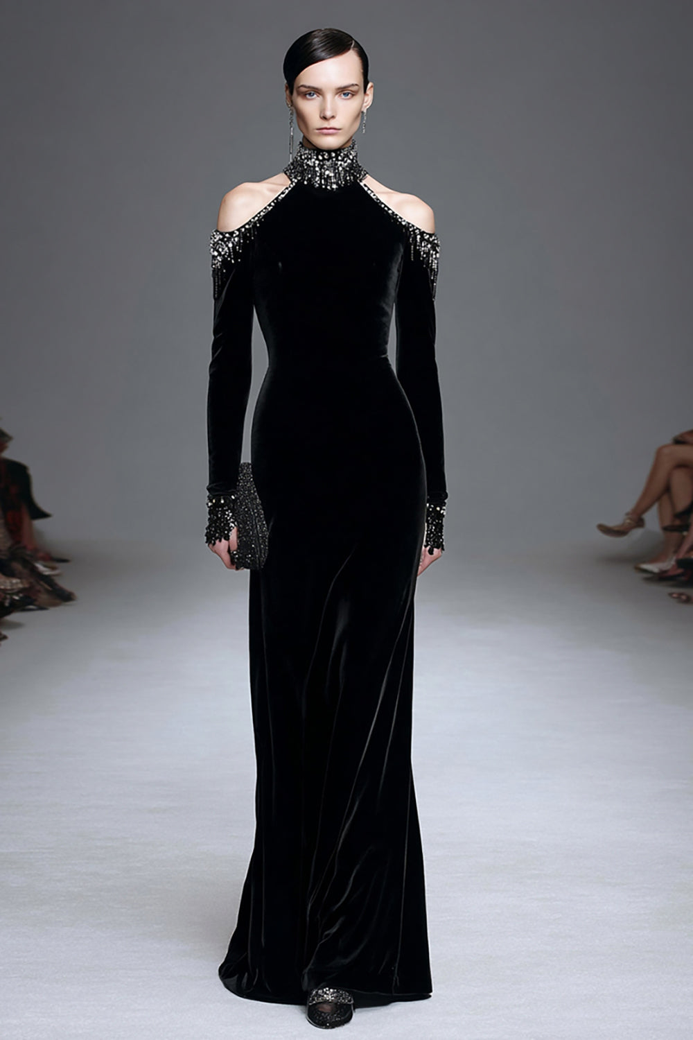 Sparkly Black High Neck Velvet Long Sleeves Holiday Party Dress with Beading