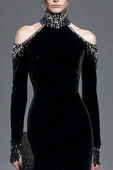 Sparkly Black High Neck Velvet Long Sleeves Holiday Party Dress with Beading