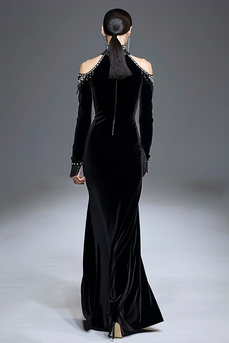 Sparkly Black High Neck Velvet Long Sleeves Holiday Party Dress with Beading