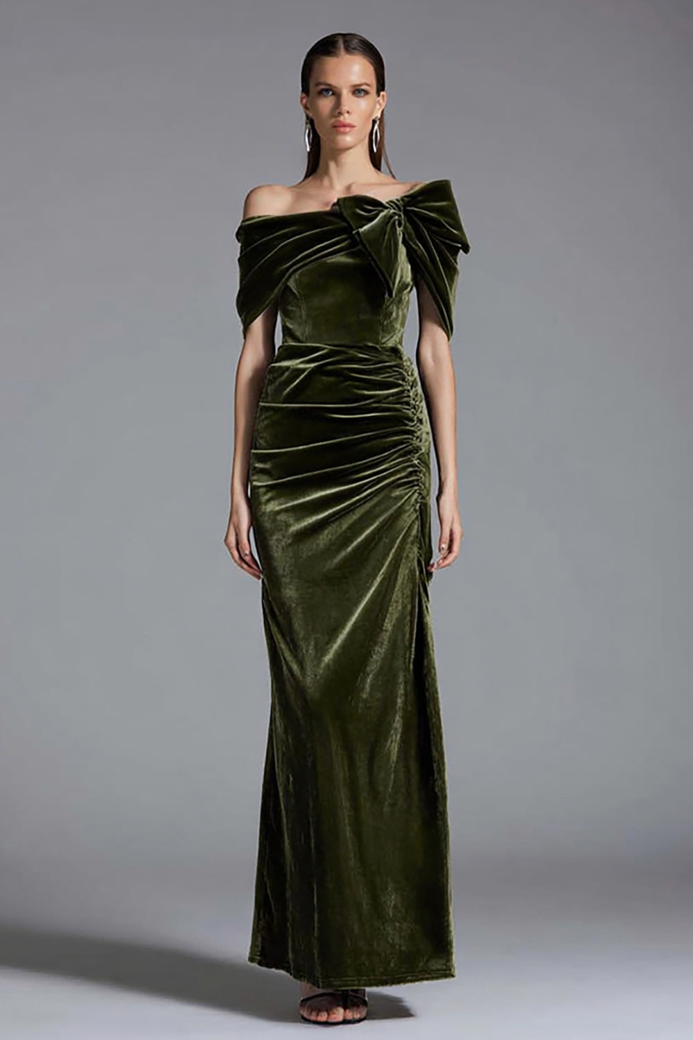 Olive Velvet Off the Shoulder Sheath Long Holiday Party Dress with Bow