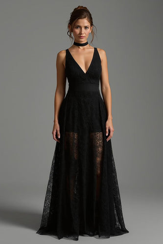 Black V-Neck A Line Lace Long Formal Dress