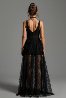 Black V-Neck A Line Lace Long Formal Dress