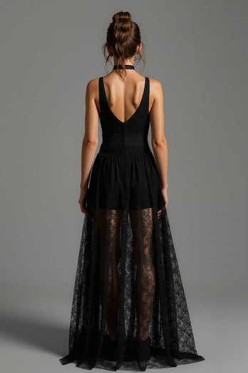 Black V-Neck A Line Lace Long Formal Dress