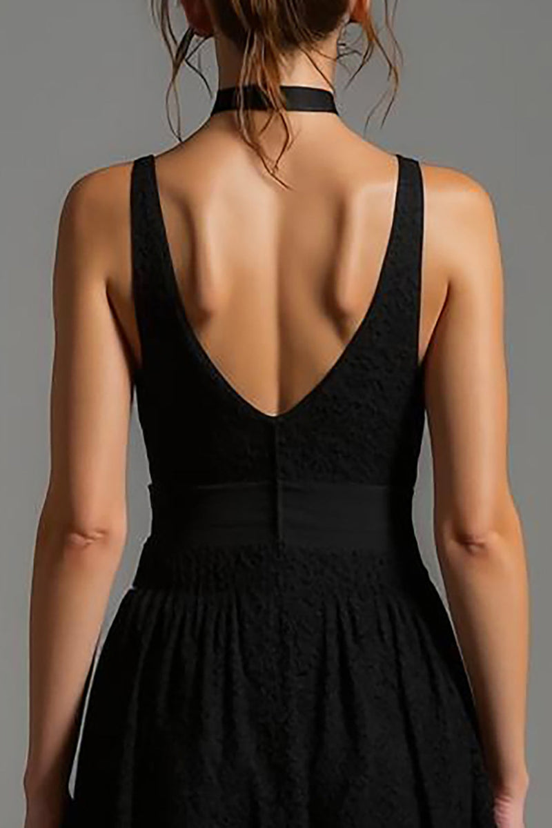 Load image into Gallery viewer, Black V-Neck A Line Lace Long Formal Dress