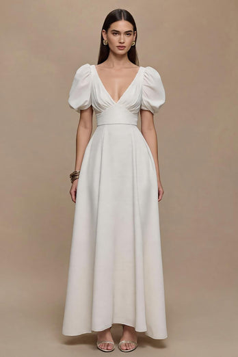 Ivory V-Neck Satin Puff Sleeves Long Formal Dress